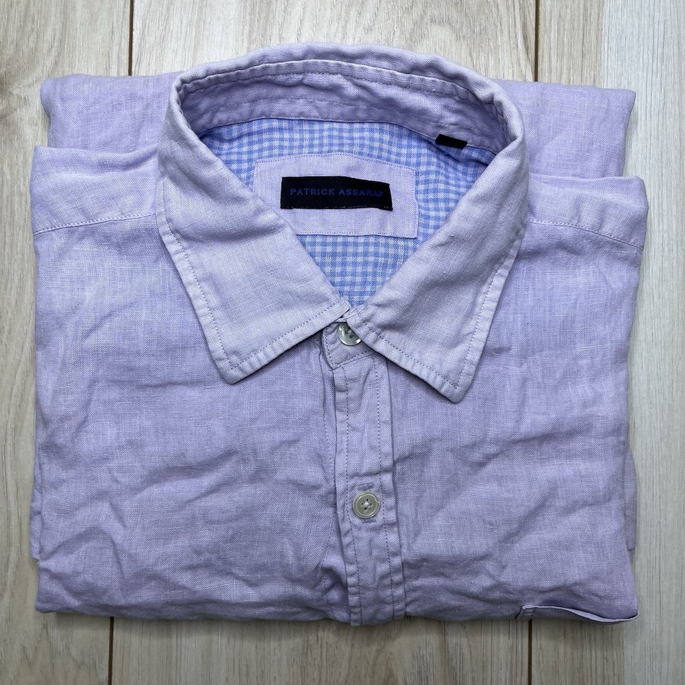 Patrick Assaraf 100% Linen Casual Button Up Shirt Mens Large Purple Long Sleeve